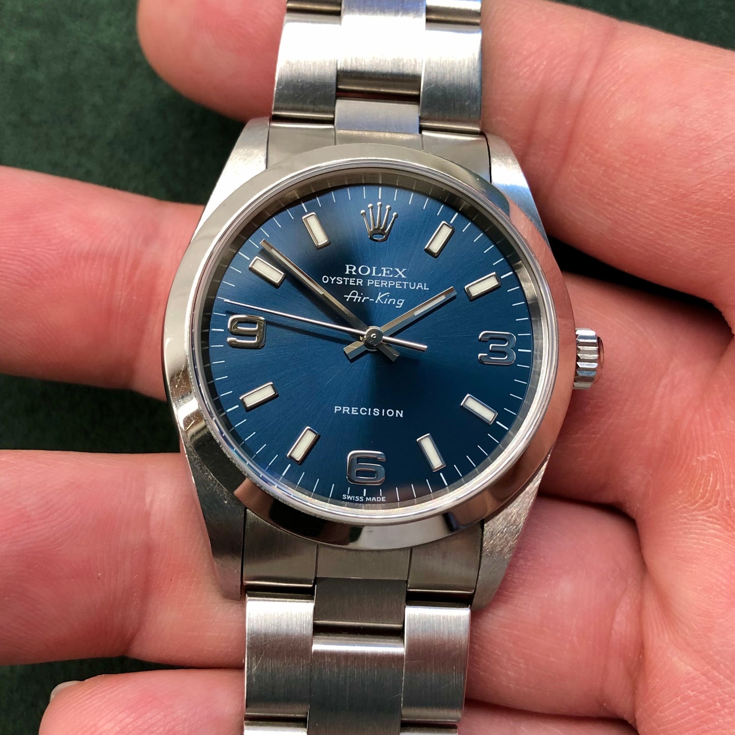 2000 Rolex Air King 14000 Blue Explorer Dial Stainless Steel Wristwatch Box Papers - Hashtag Watch Company