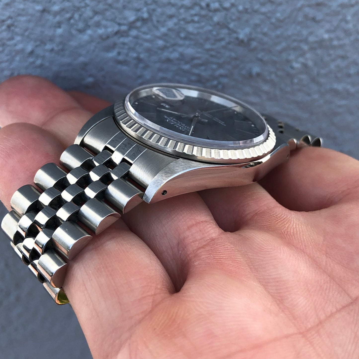 1990 Rolex Datejust 16200 Gray Tapestry Dial Engine Turned Bezel Jubilee Wristwatch Full Set - Hashtag Watch Company