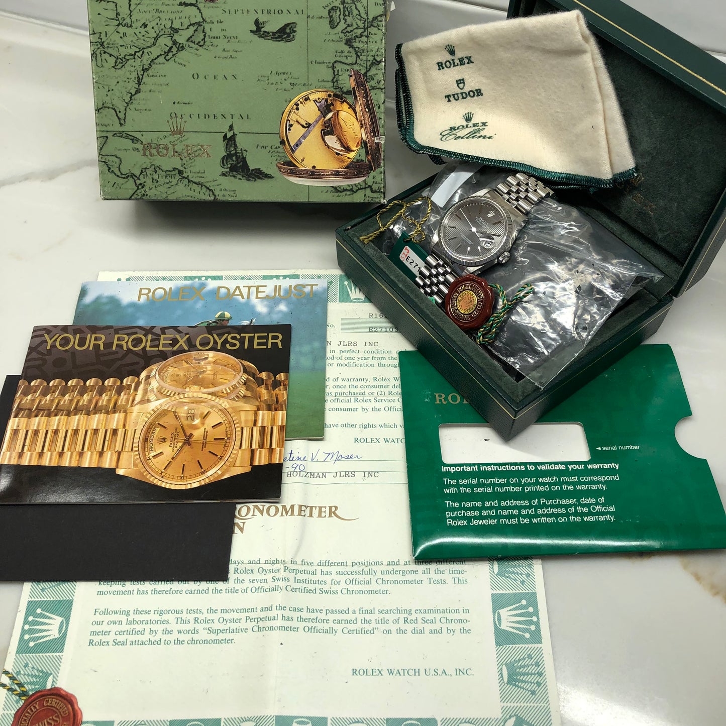 1990 Rolex Datejust 16200 Gray Tapestry Dial Engine Turned Bezel Jubilee Wristwatch Full Set - Hashtag Watch Company