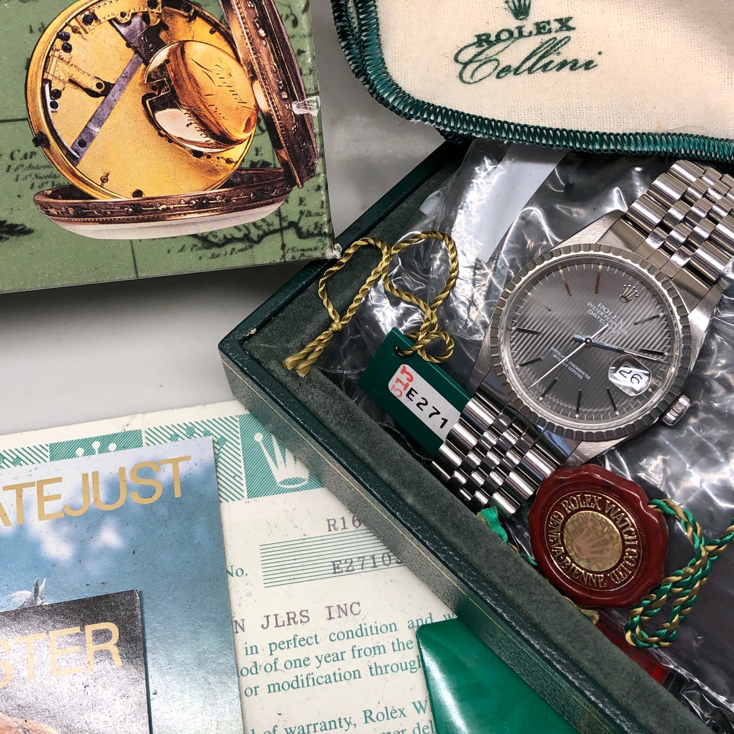 1990 Rolex Datejust 16200 Gray Tapestry Dial Engine Turned Bezel Jubilee Wristwatch Full Set - Hashtag Watch Company
