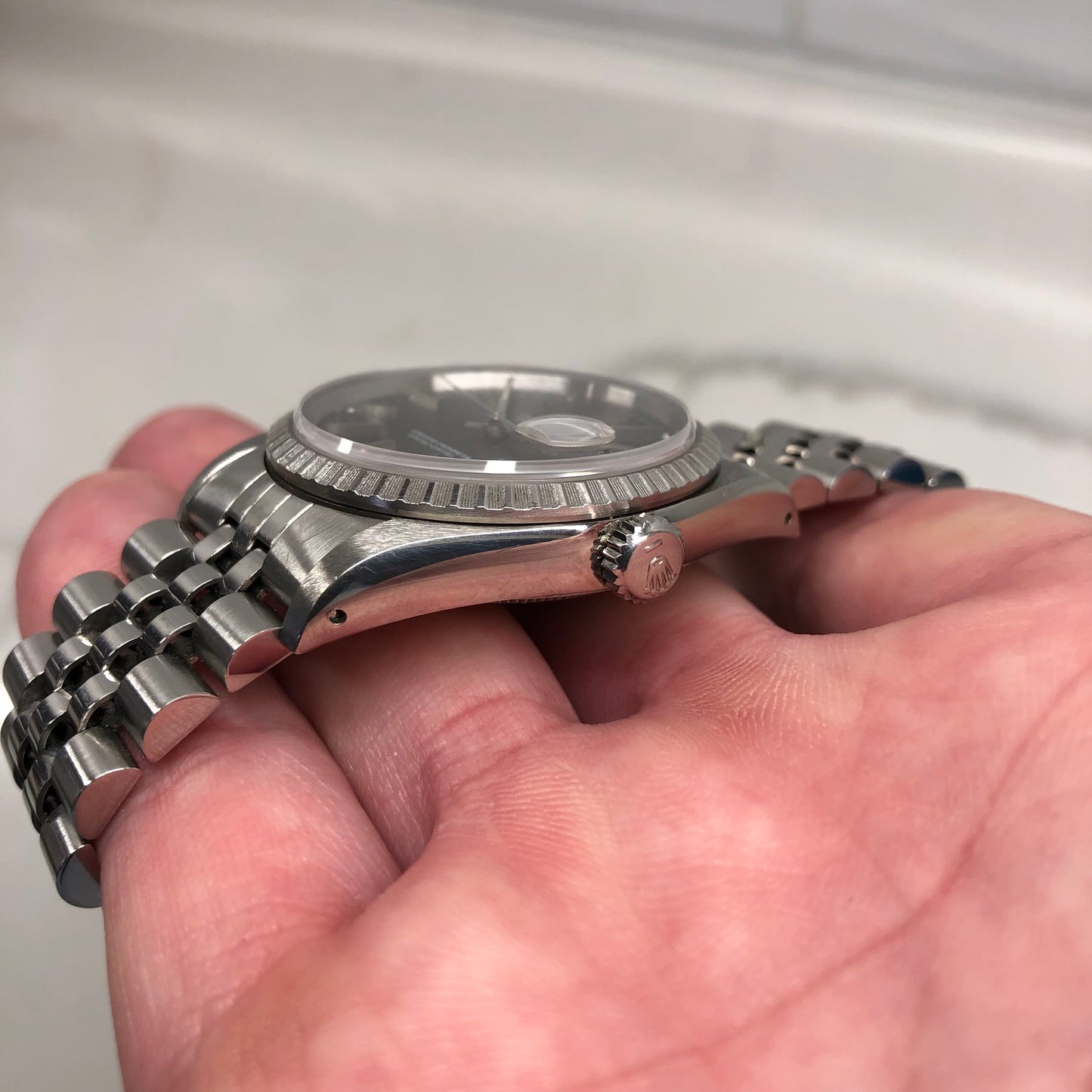 1990 Rolex Datejust 16200 Gray Tapestry Dial Engine Turned Bezel Jubilee Wristwatch Full Set - Hashtag Watch Company