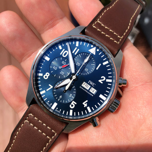 2023 IWC Pilot IW377714 LePetit Prince Automatic Chronograph Day Date 43mm Blue Wristwatch with Box and Papers - Hashtag Watch Company