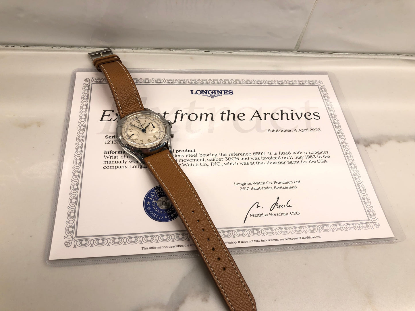 1963 Longines 6592 Stainless Steel 30CH Chronograph Vintage Unpolished Wristwatch with Extract - Hashtag Watch Company