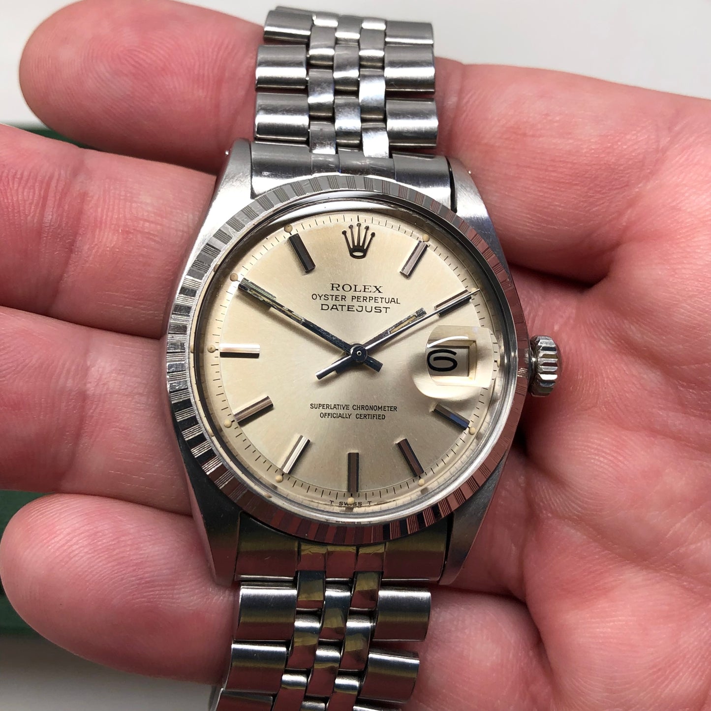 1969 Rolex Datejust 1603 Steel Engine Turned Jubilee Silver Pie Pan Dial Wristwatch with Box - Hashtag Watch Company