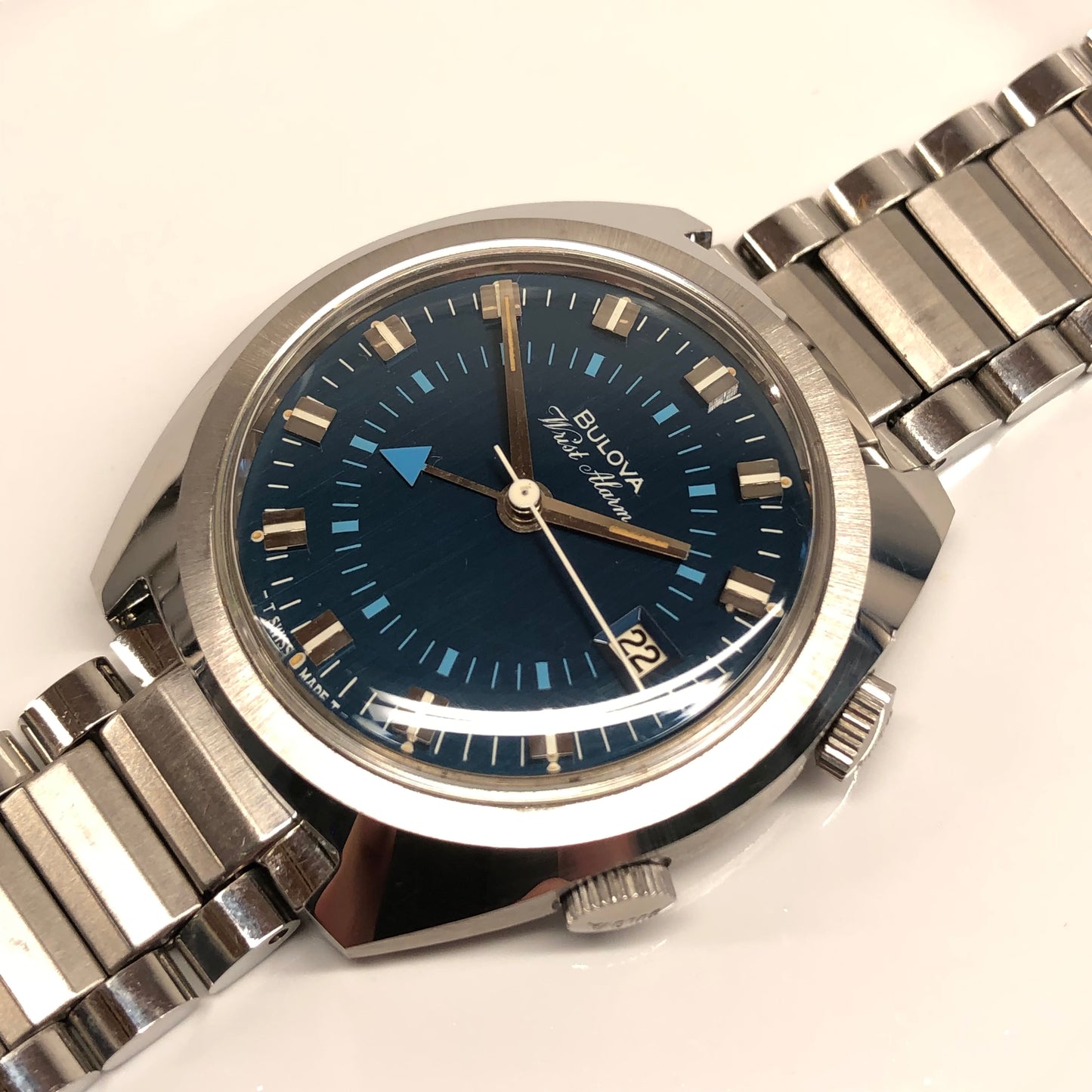 1970s Bulova Wrist Alarm Blue Dial Stainless Steel Vintage Wristwatch Old Stock - Hashtag Watch Company