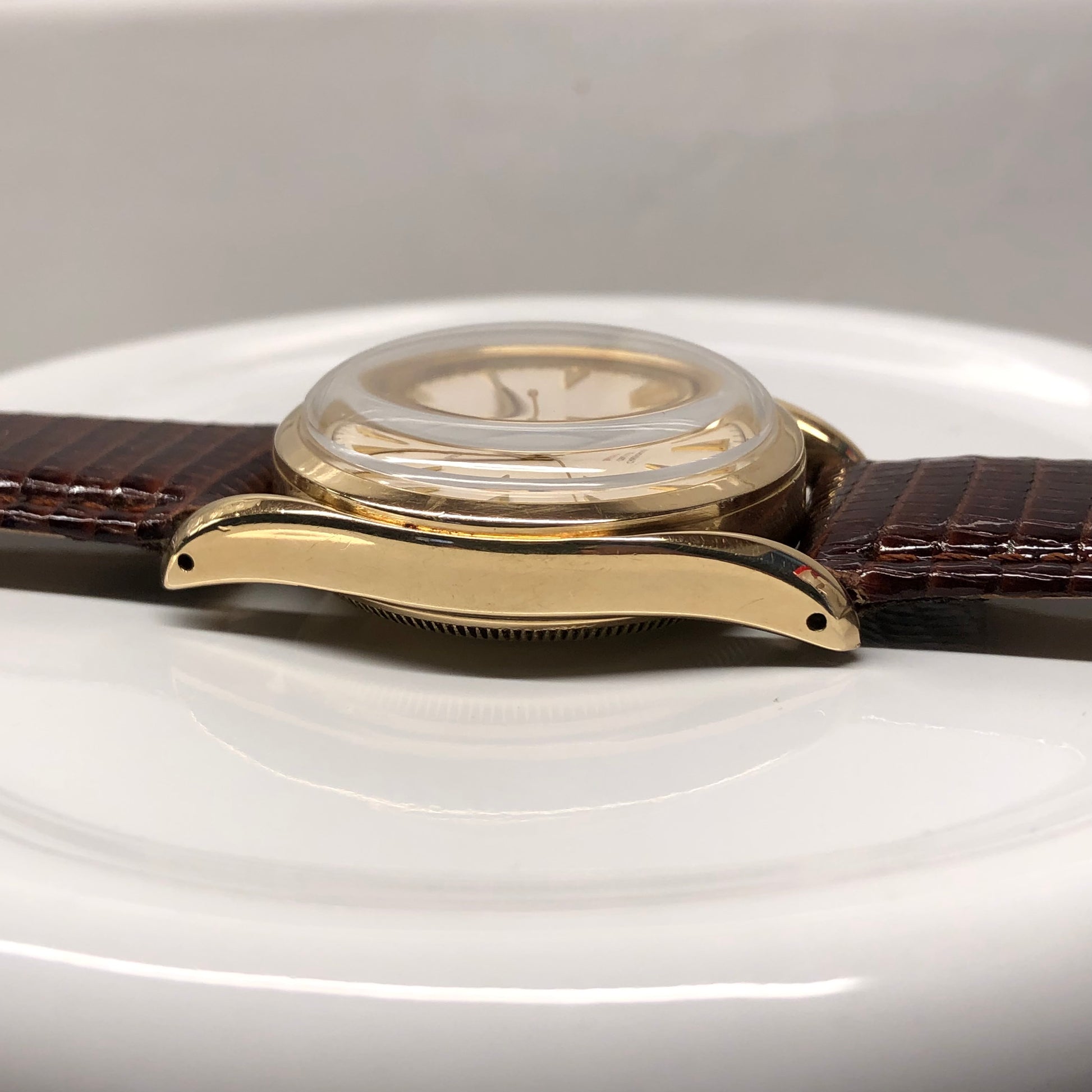 1952 Rolex Bombay 6090 Oyster Perpetual 14K Yellow Gold Red “Officially” Original Dial Wristwatch - Hashtag Watch Company