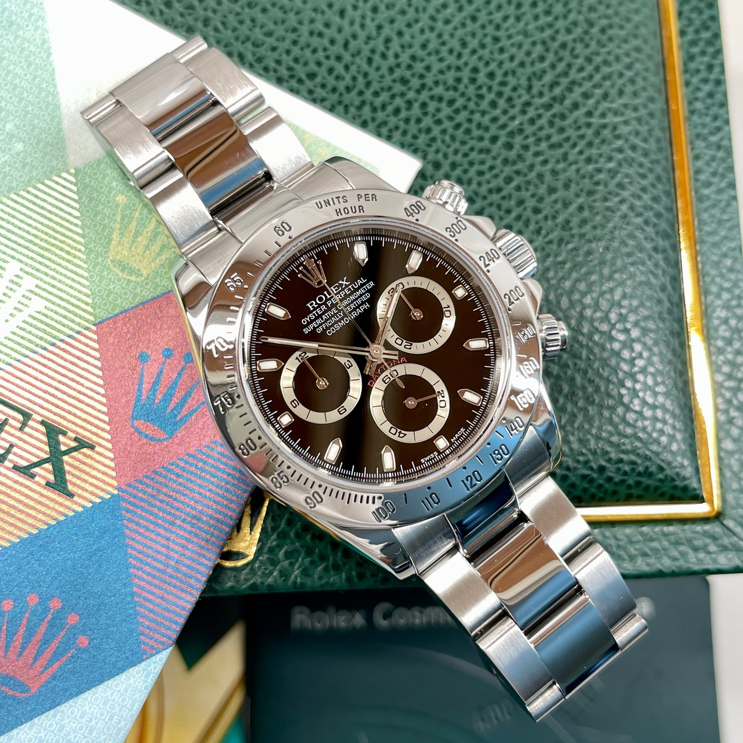 2002 Rolex Daytona Cosmograph 116520 Black Steel Oyster Chronograph Box Papers - Hashtag Watch Company
