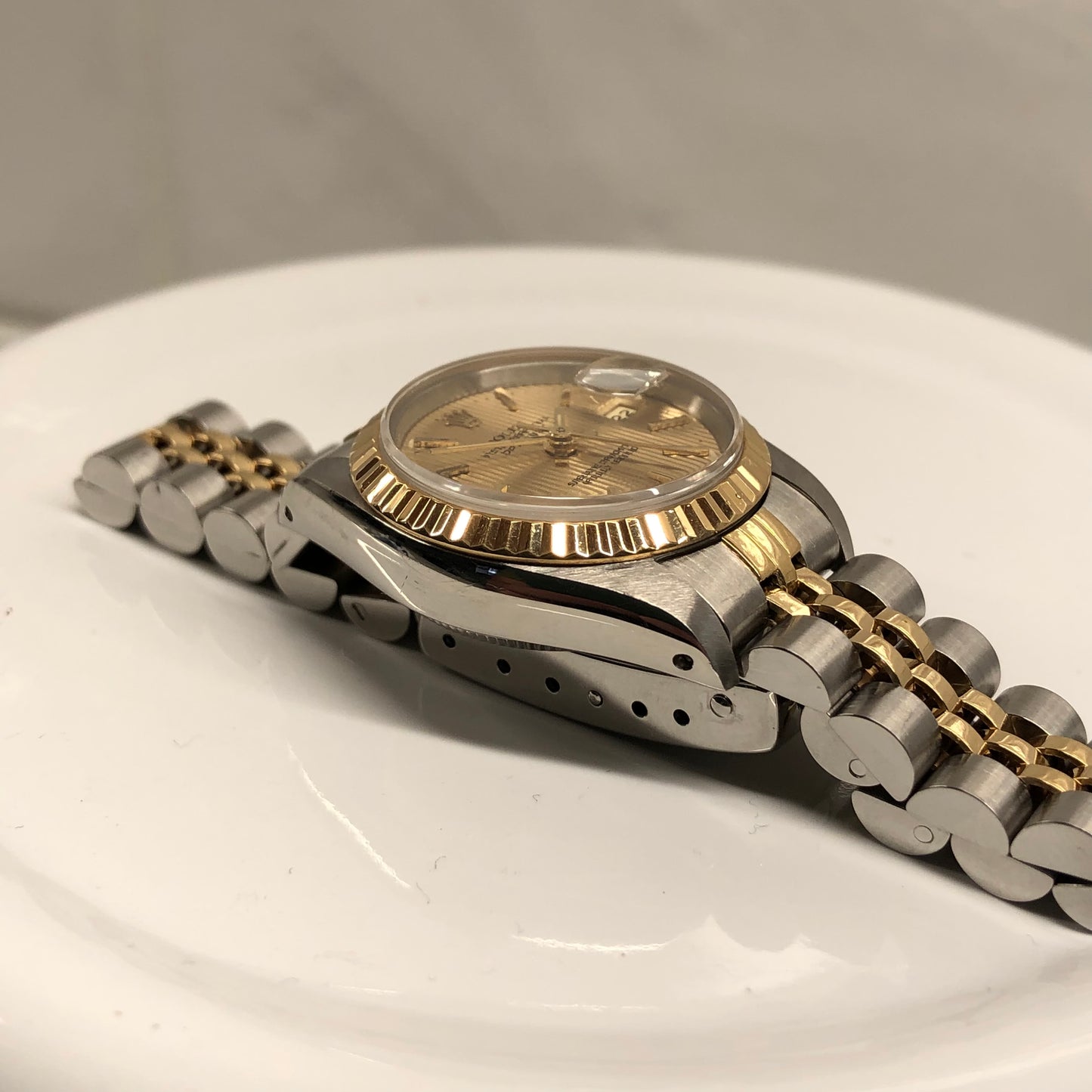 1990 Rolex Datejust 69173 Two Tone Jubilee Champagne Tapestry Dial Ladies Wristwatch Service Papers - Hashtag Watch Company