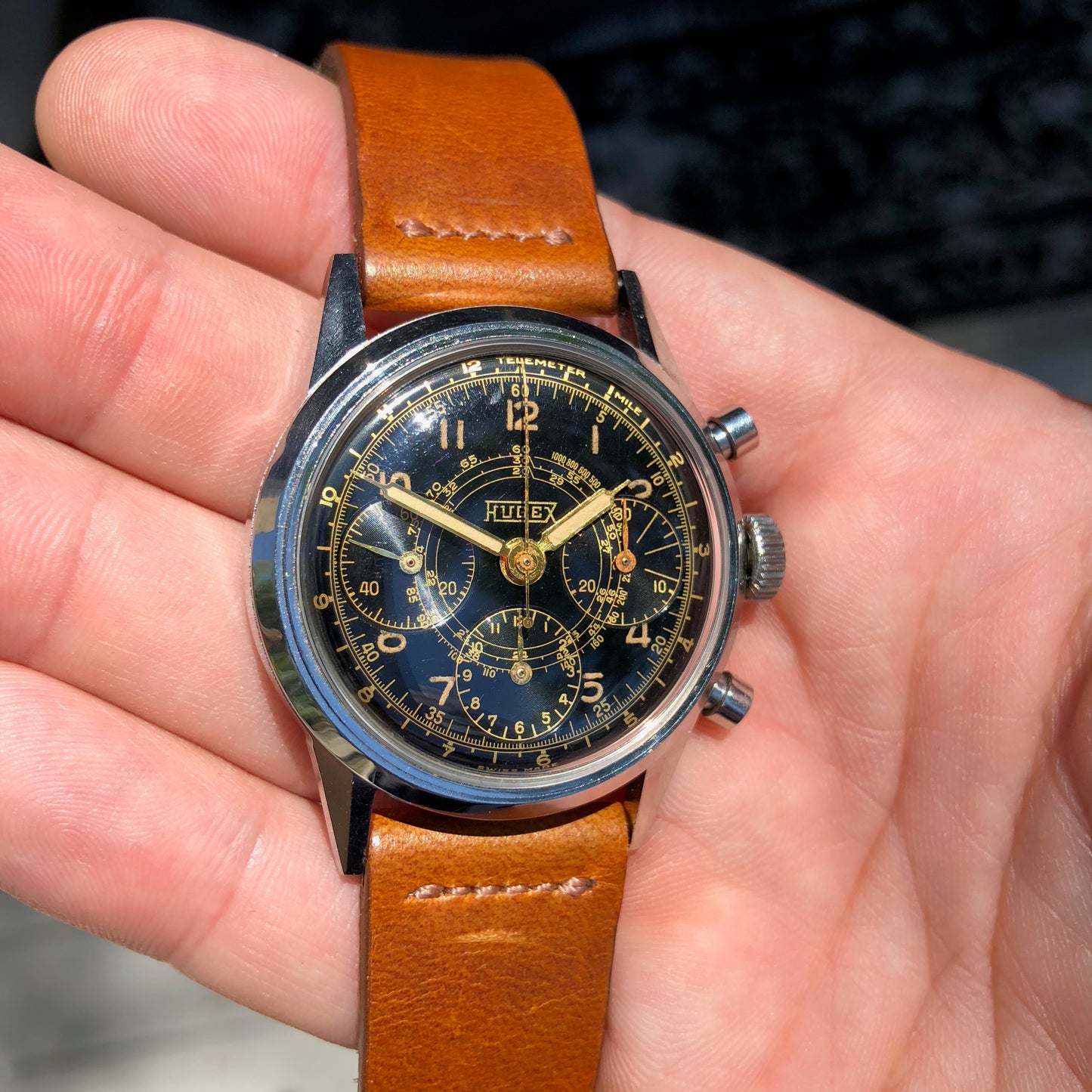 Vintage Hugex Stainless Steel Black Gilt Valjoux 72 Chronograph 37mm Wristwatch - Hashtag Watch Company