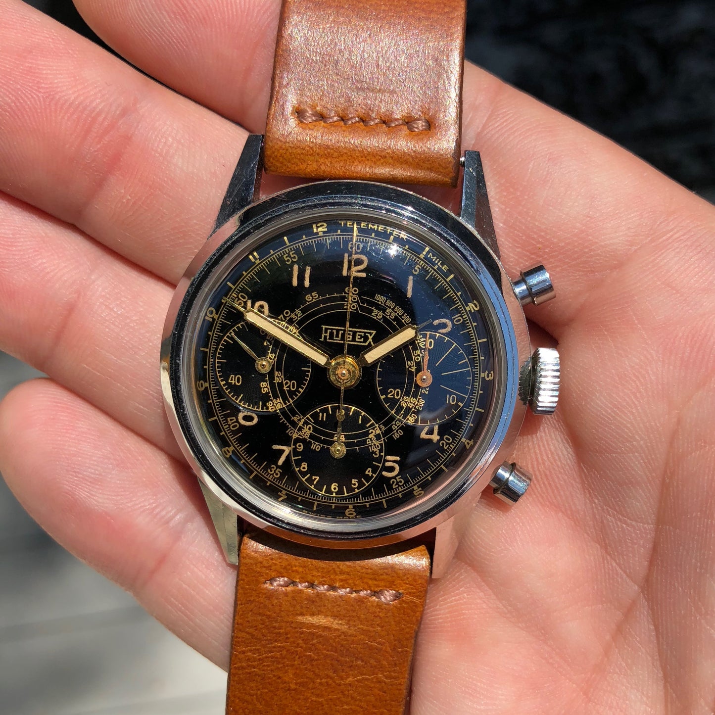 Vintage Hugex Stainless Steel Black Gilt Valjoux 72 Chronograph 37mm Wristwatch - Hashtag Watch Company