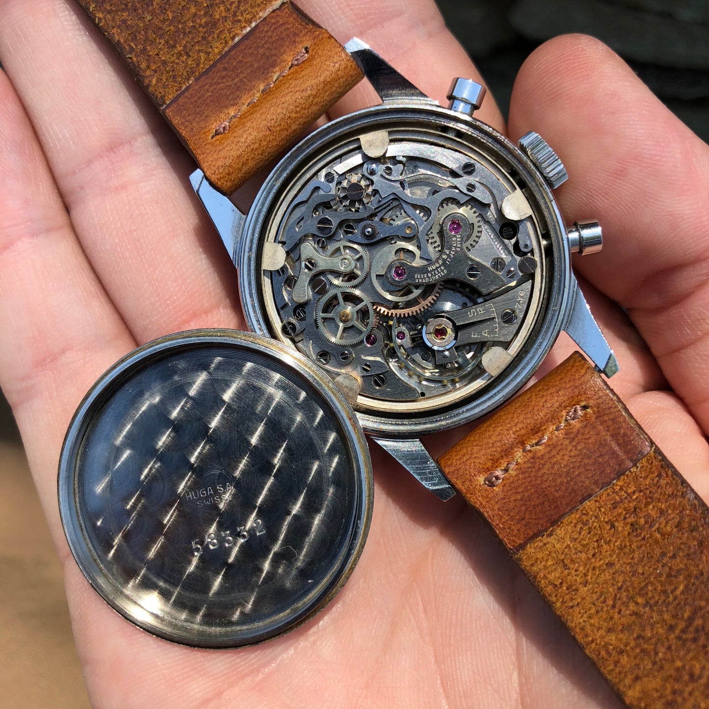 Vintage Hugex Stainless Steel Black Gilt Valjoux 72 Chronograph 37mm Wristwatch - Hashtag Watch Company