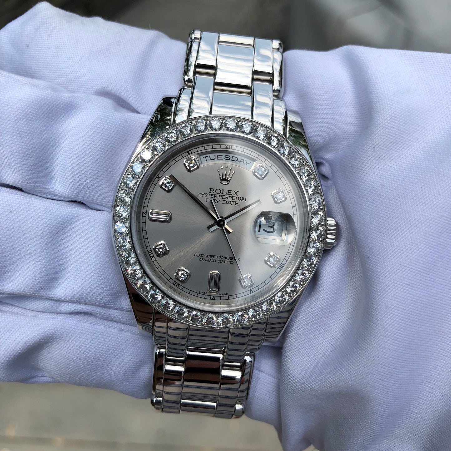 Rolex Pearlmaster 18946 Platinum 39mm Rhodium Serti Diamond Day Date Wristwatch Box & Papers - Hashtag Watch Company