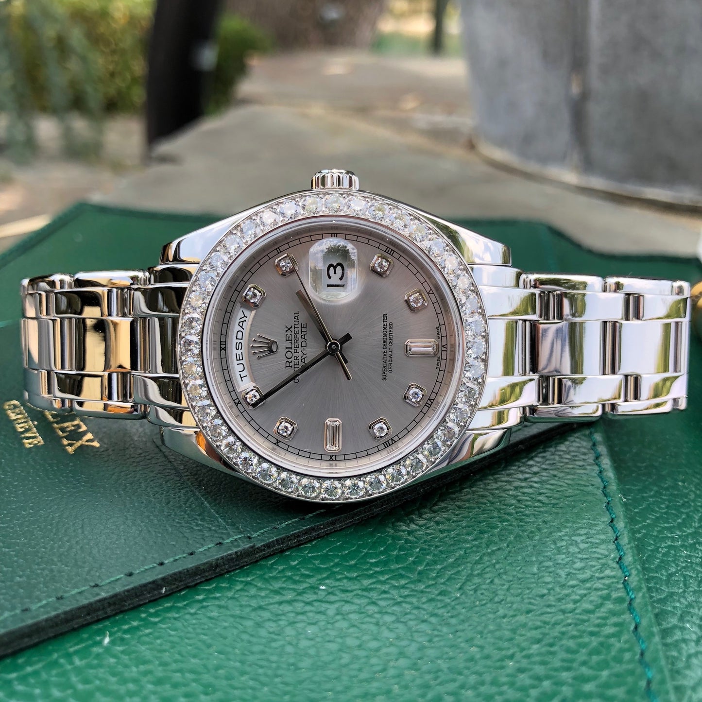 Rolex Pearlmaster 18946 Platinum 39mm Rhodium Serti Diamond Day Date Wristwatch Box & Papers - Hashtag Watch Company