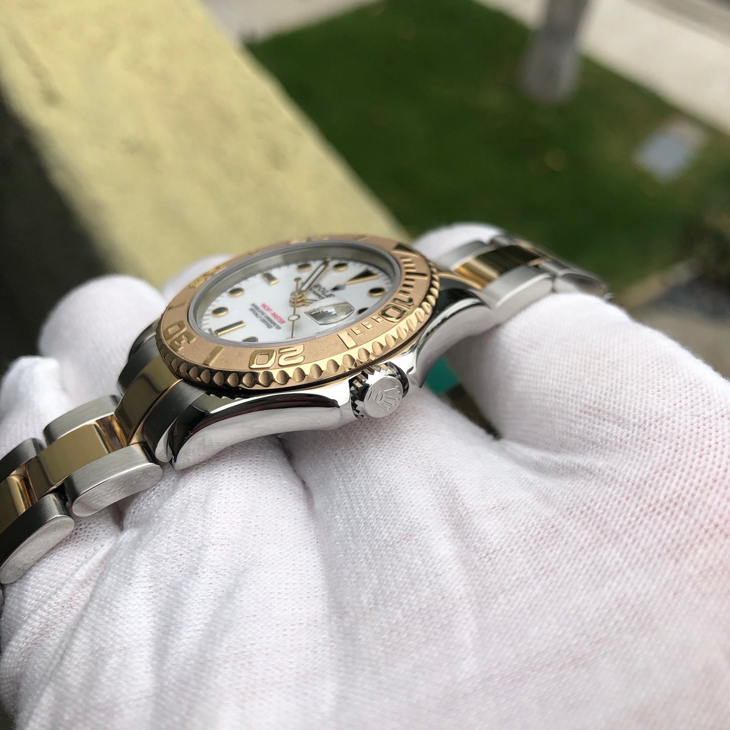 Rolex Yachtmaster 168623 Two Tone Steel Gold 35mm White Oyster Wristwatch Box Papers - Hashtag Watch Company