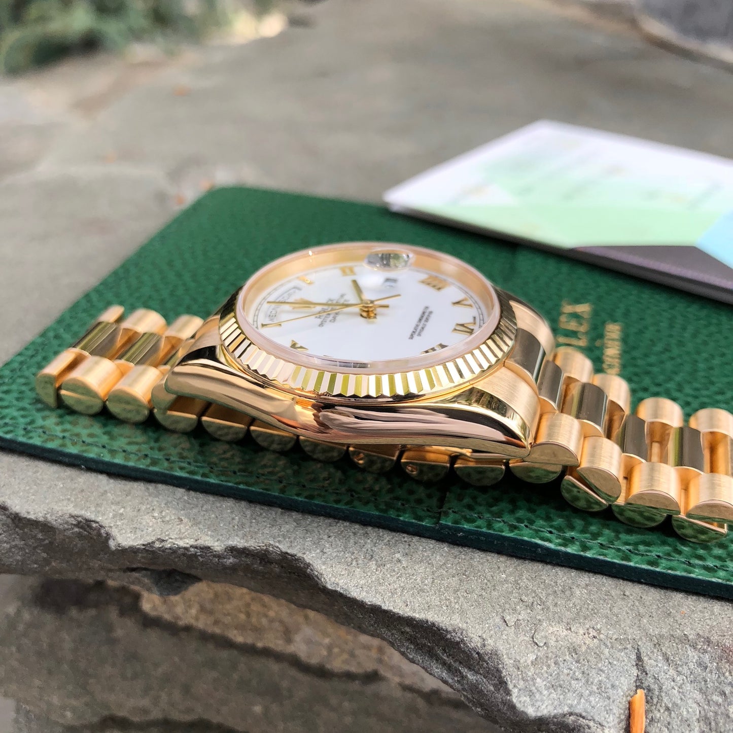 Rolex President 118238 Day Date 18K Yellow Gold White Roman Wristwatch Box Papers - Hashtag Watch Company