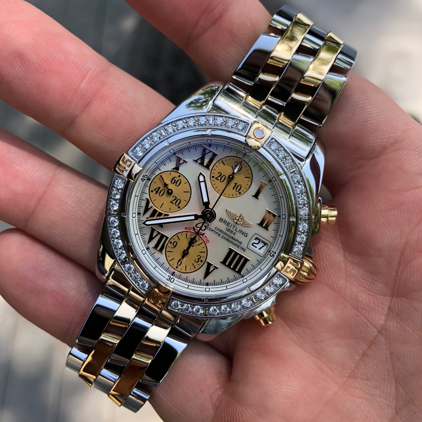 Breitling Cockpit B13358 Two Tone Steel Gold Roman MOP Diamond Box Papers - Hashtag Watch Company