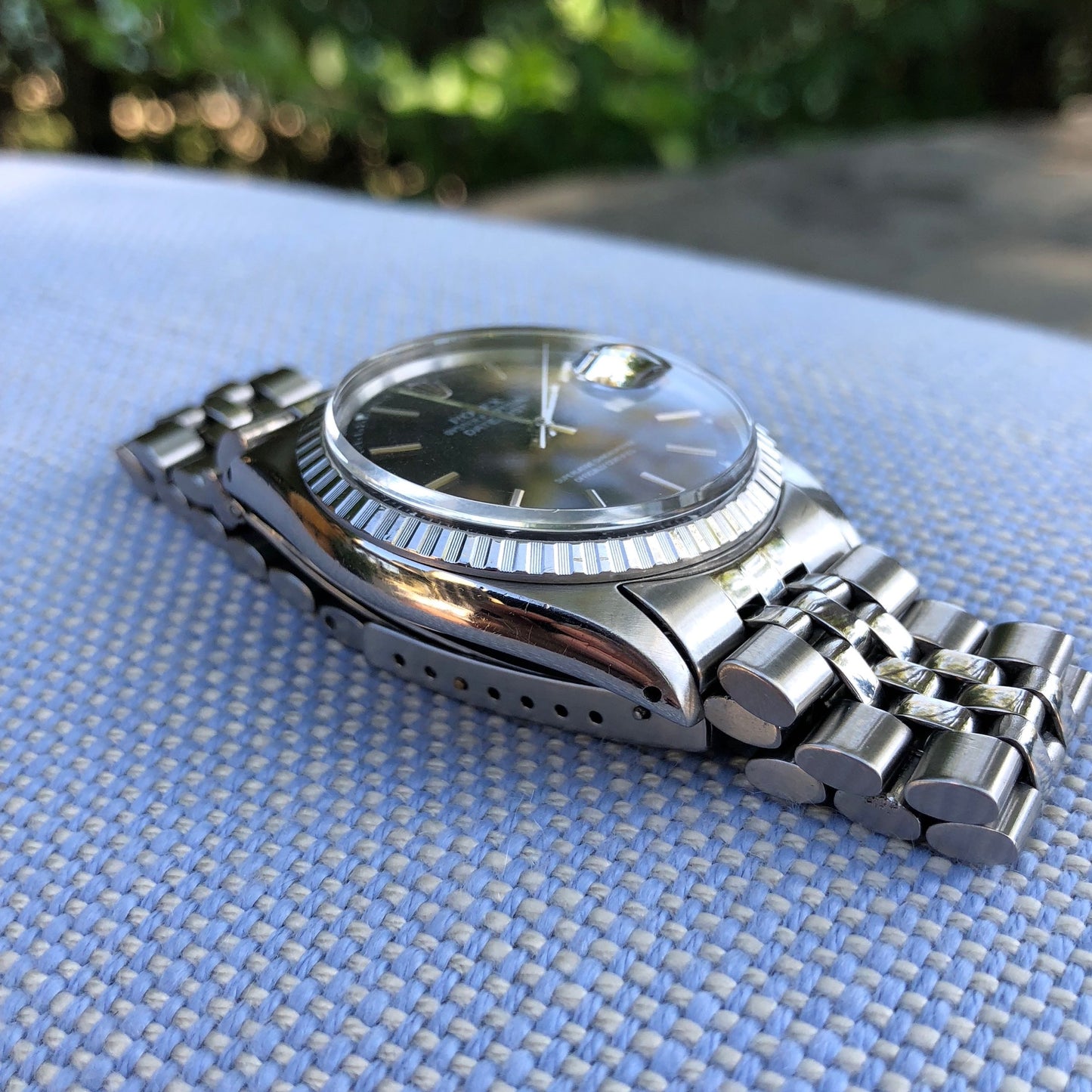 Vintage Rolex Datejust 1603 Black Stick Engine Turned Big Logo Wristwatch Circa 1966 - Hashtag Watch Company