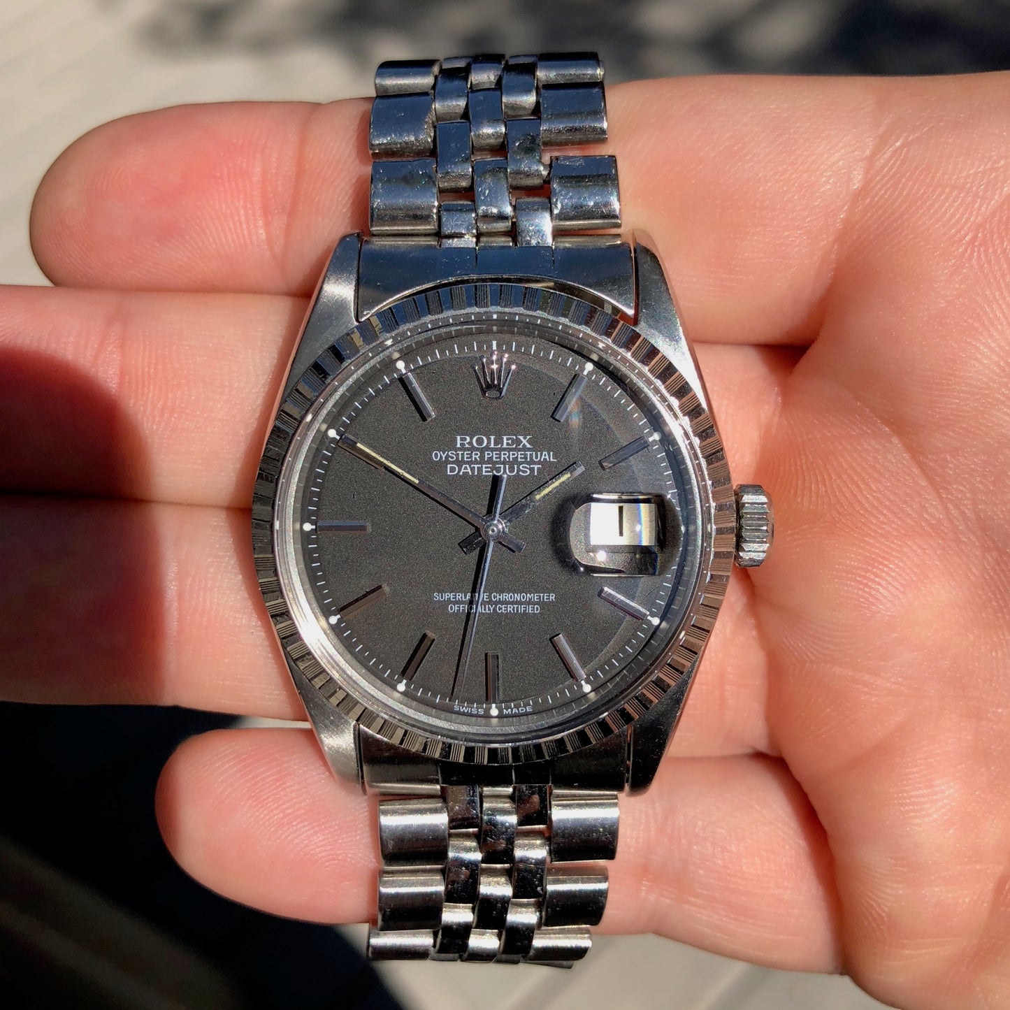 Vintage Rolex Datejust 1603 Black Stick Engine Turned Big Logo Wristwatch Circa 1966 - Hashtag Watch Company