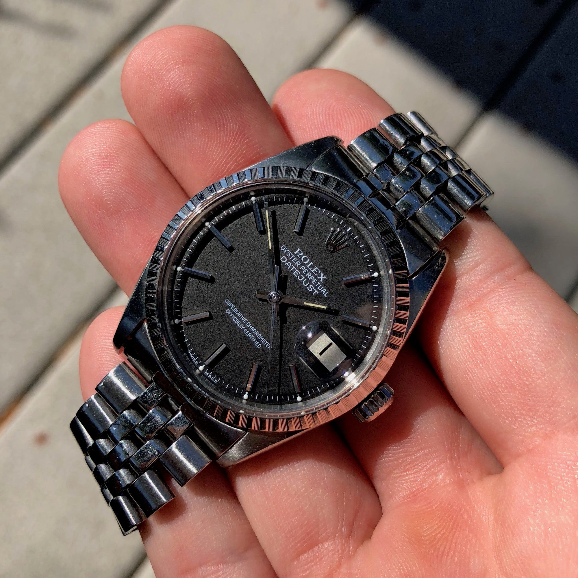 Rolex Datejust 1603 Black Stick Engine Turned Logo Wristwatch HashtagWatchCo