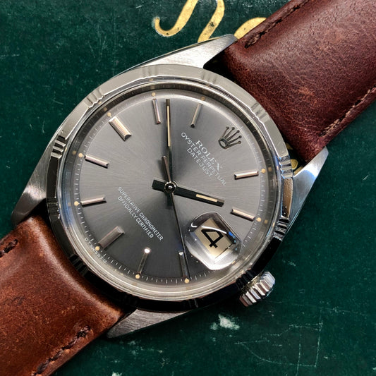 1963 Rolex Datejust 1603 Pale Indigo Gray Steel Bamboo Bezel Automatic Wristwatch