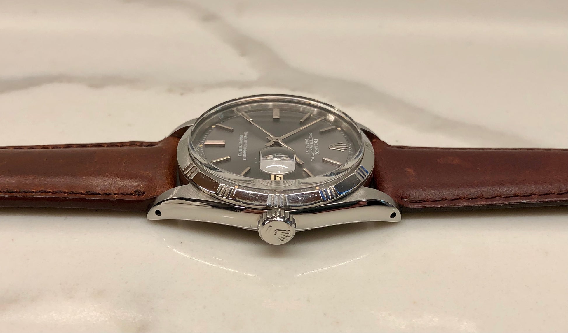 1963 Rolex Datejust 1603 Pale Indigo Gray Steel Bamboo Bezel Automatic Wristwatch - HASHTAGWATCHCO