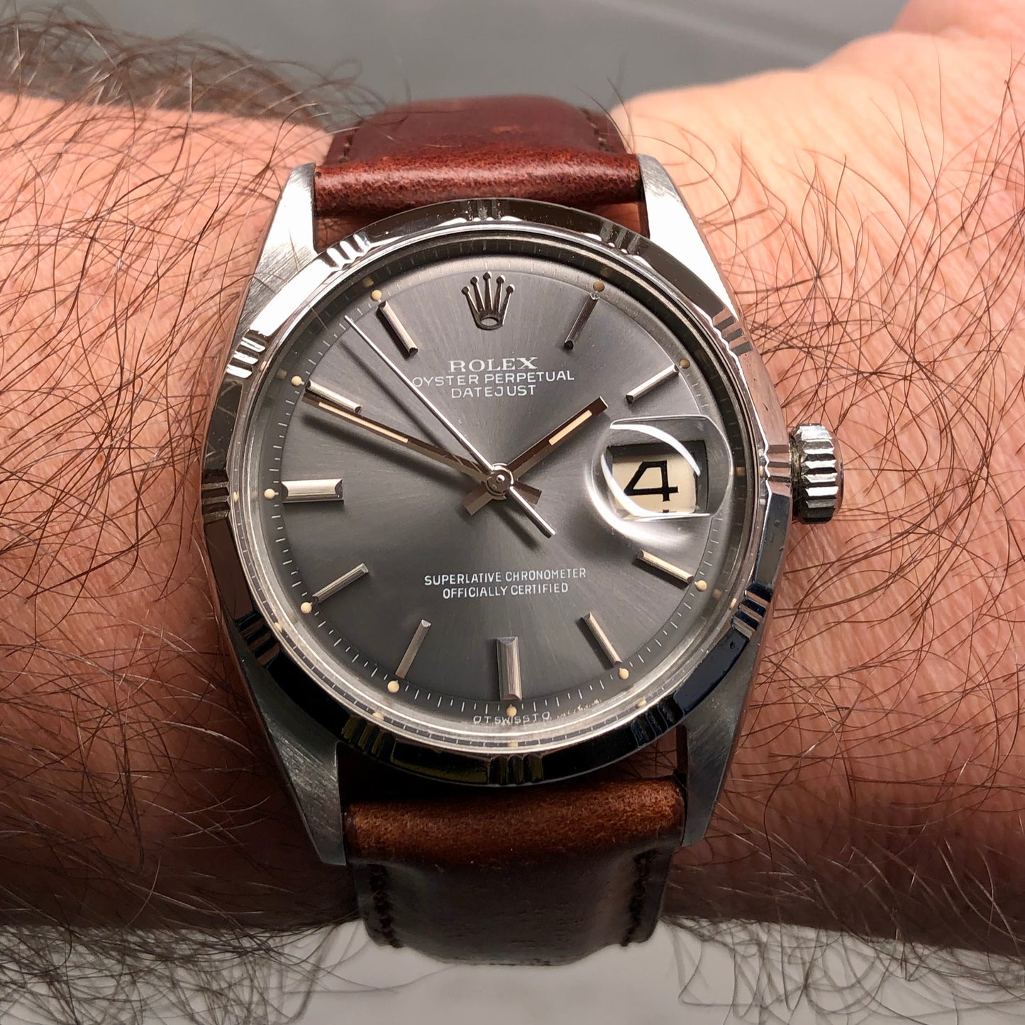 1963 Rolex Datejust 1603 Pale Indigo Gray Steel Bamboo Bezel Automatic Wristwatch - HASHTAGWATCHCO