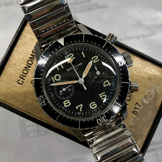 1970s Breitling 817 Italian Army Issued Stainless Steel Chronograph Wristwatch with Box and Numbered Paperwork - HASHTAGWATCHCO