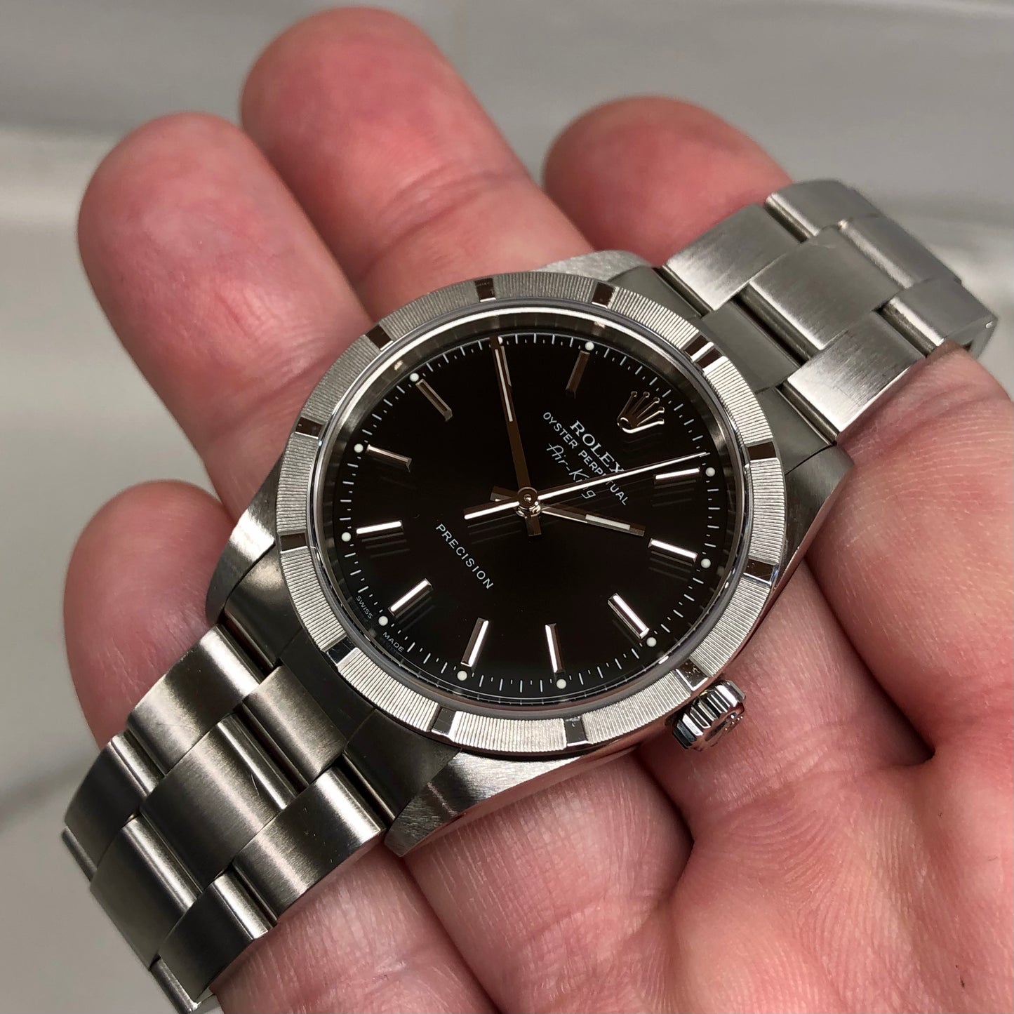 2004 Rolex Air King 14010M Black Dial Oyster Engine Turned Automatic Wristwatch - HASHTAGWATCHCO