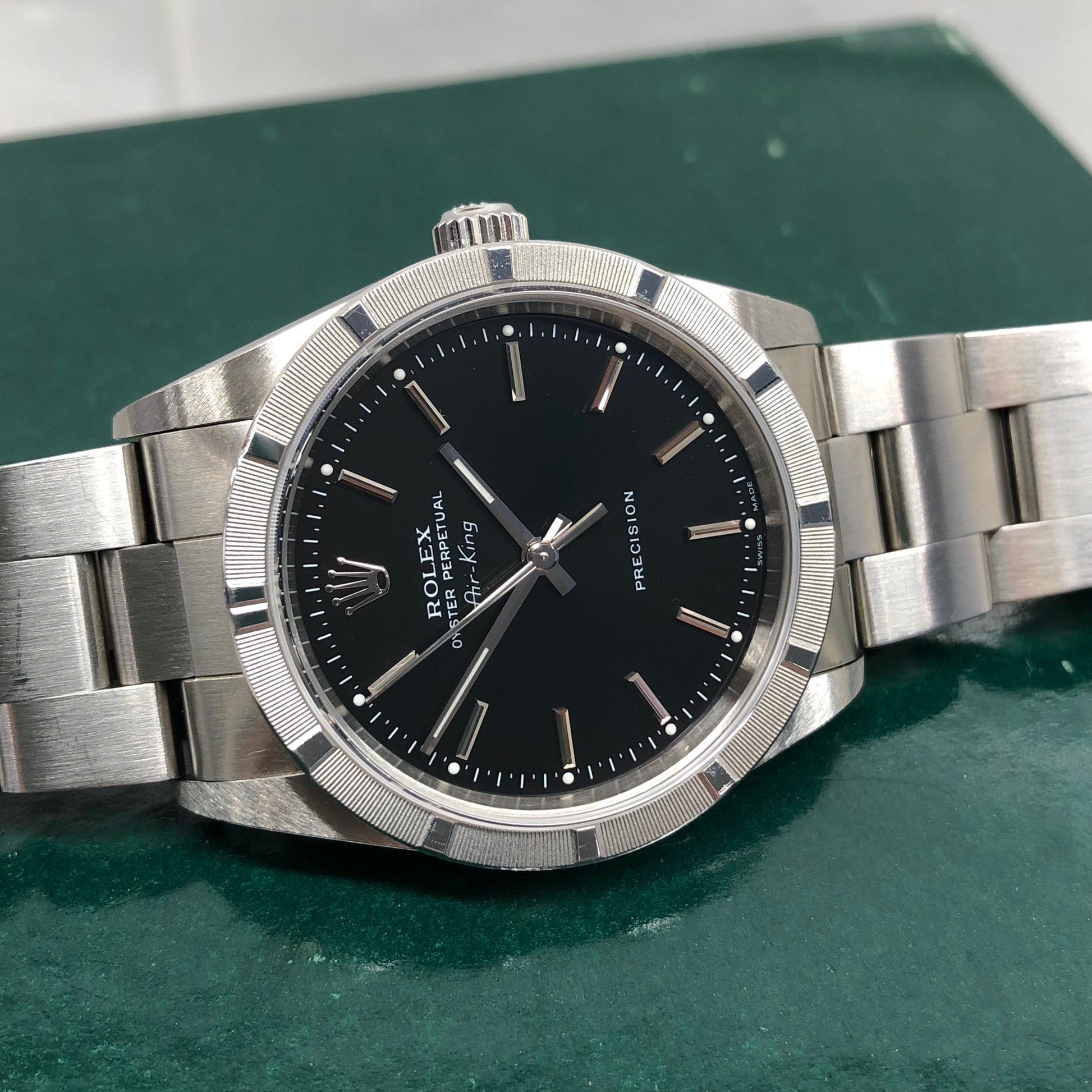2004 Rolex Air King 14010M Black Dial Oyster Engine Turned Automatic Wristwatch - HASHTAGWATCHCO