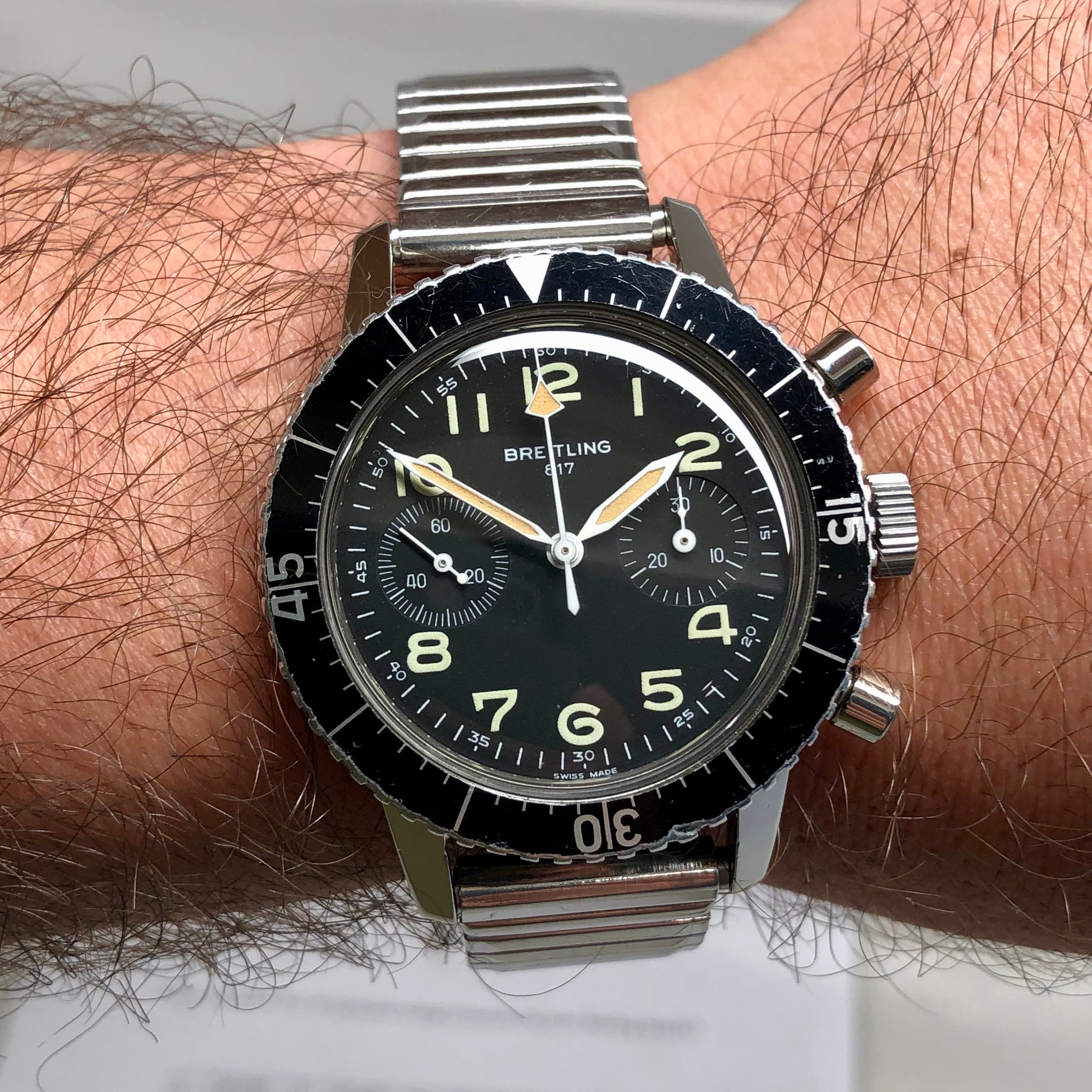 1970s Breitling 817 Italian Army Issued Stainless Steel Chronograph Wristwatch with Box and Numbered Paperwork - HASHTAGWATCHCO