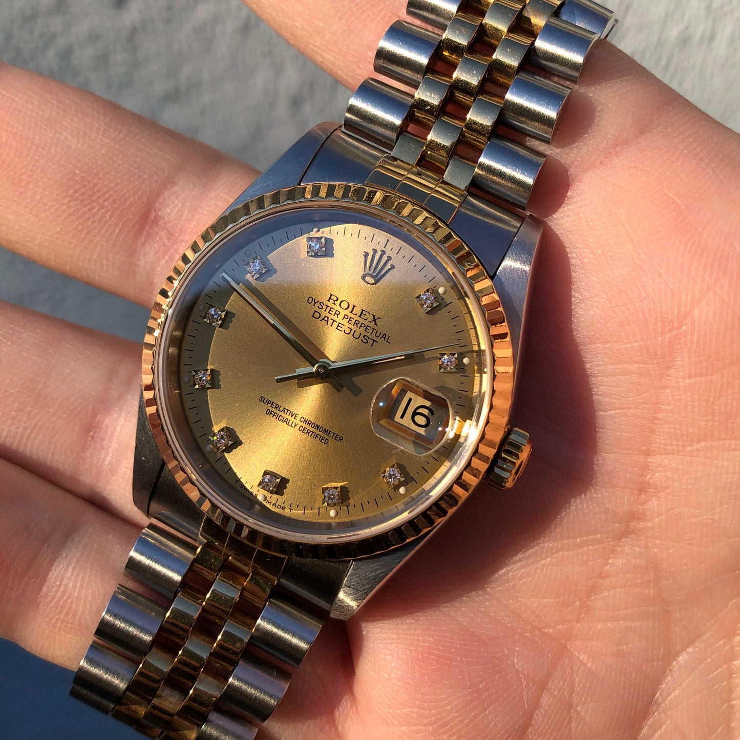 1994 Rolex Datejust 16233 Two Tone Champagne Diamond Dial Jubilee Wristwatch with Papers - HASHTAGWATCHCO