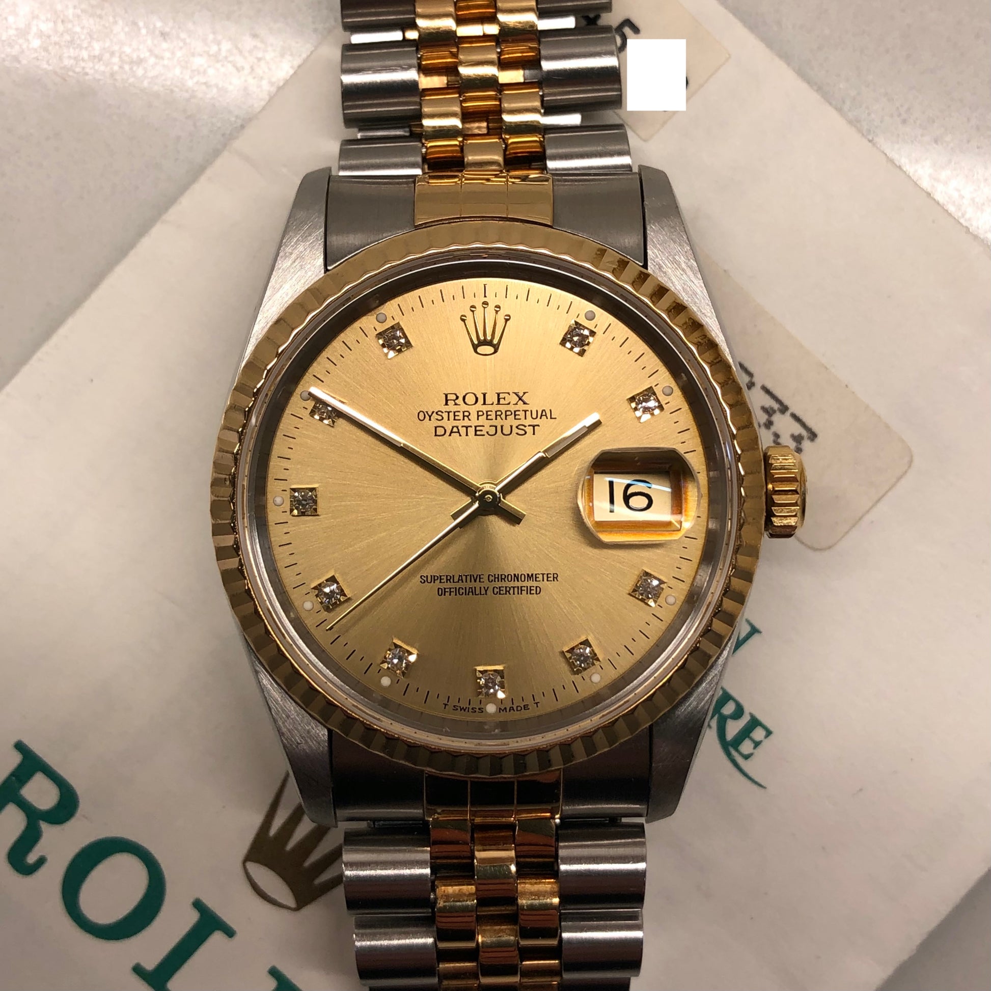 1994 Rolex Datejust 16233 Two Tone Champagne Diamond Dial Jubilee Wristwatch with Papers - HASHTAGWATCHCO