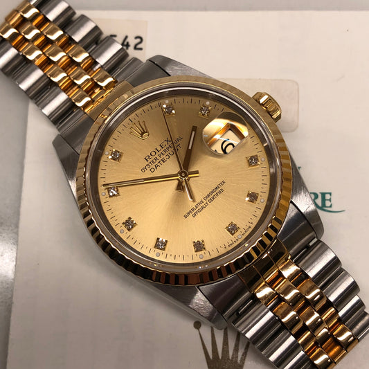 1994 Rolex Datejust 16233 Two Tone Champagne Diamond Dial Jubilee Wristwatch with Papers