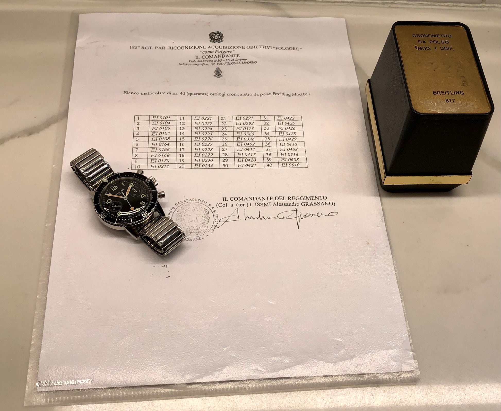 1970s Breitling 817 Italian Army Issued Stainless Steel Chronograph Wristwatch with Box and Numbered Paperwork - HASHTAGWATCHCO