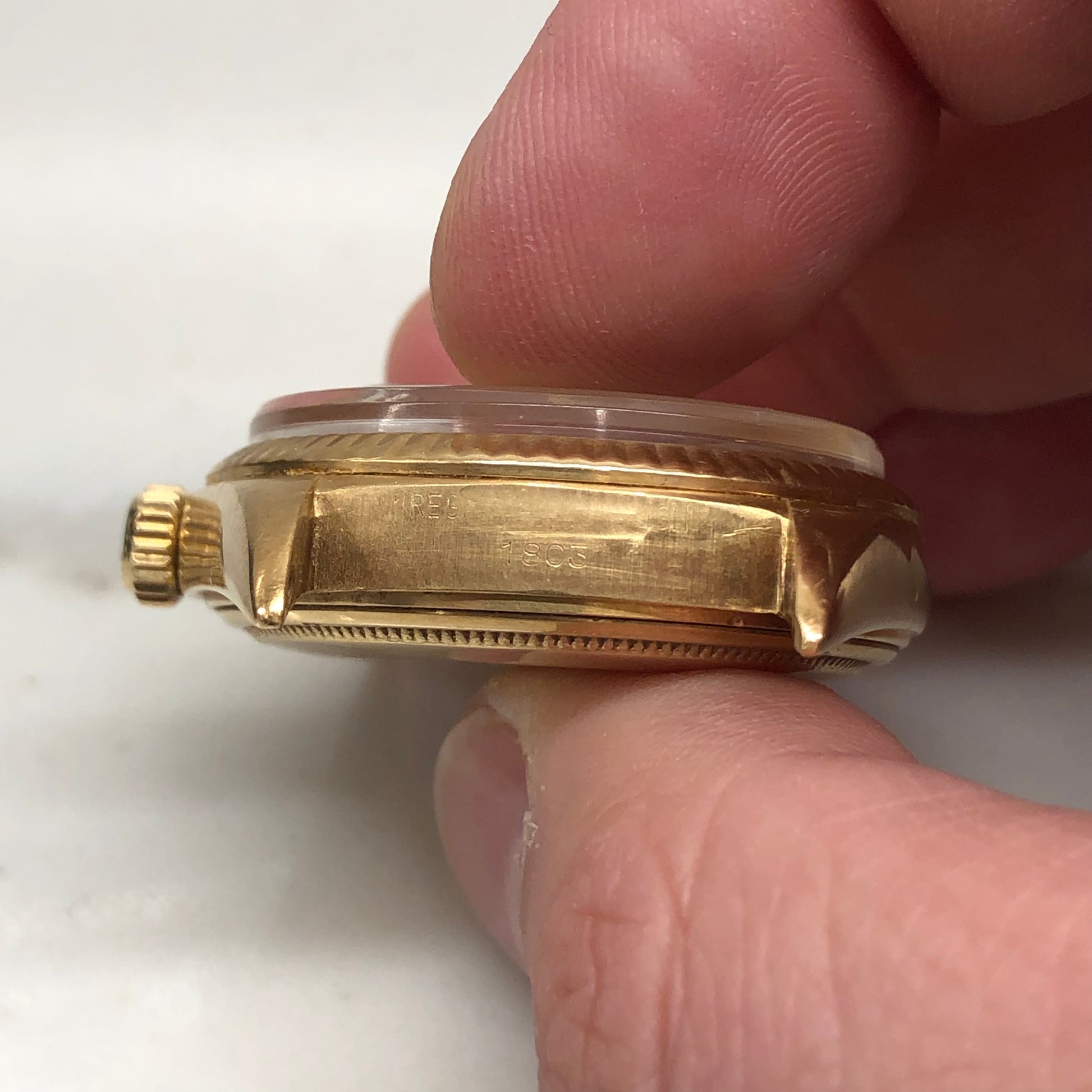 1972 Rolex President 1803 Day Date Yellow Gold Linen Champagne Wristwatch - HASHTAGWATCHCO