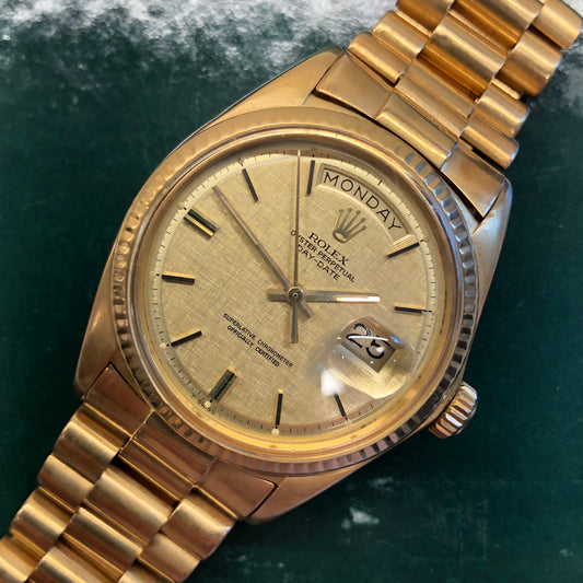 1972 Rolex President 1803 Day Date Yellow Gold Linen Champagne Wristwatch