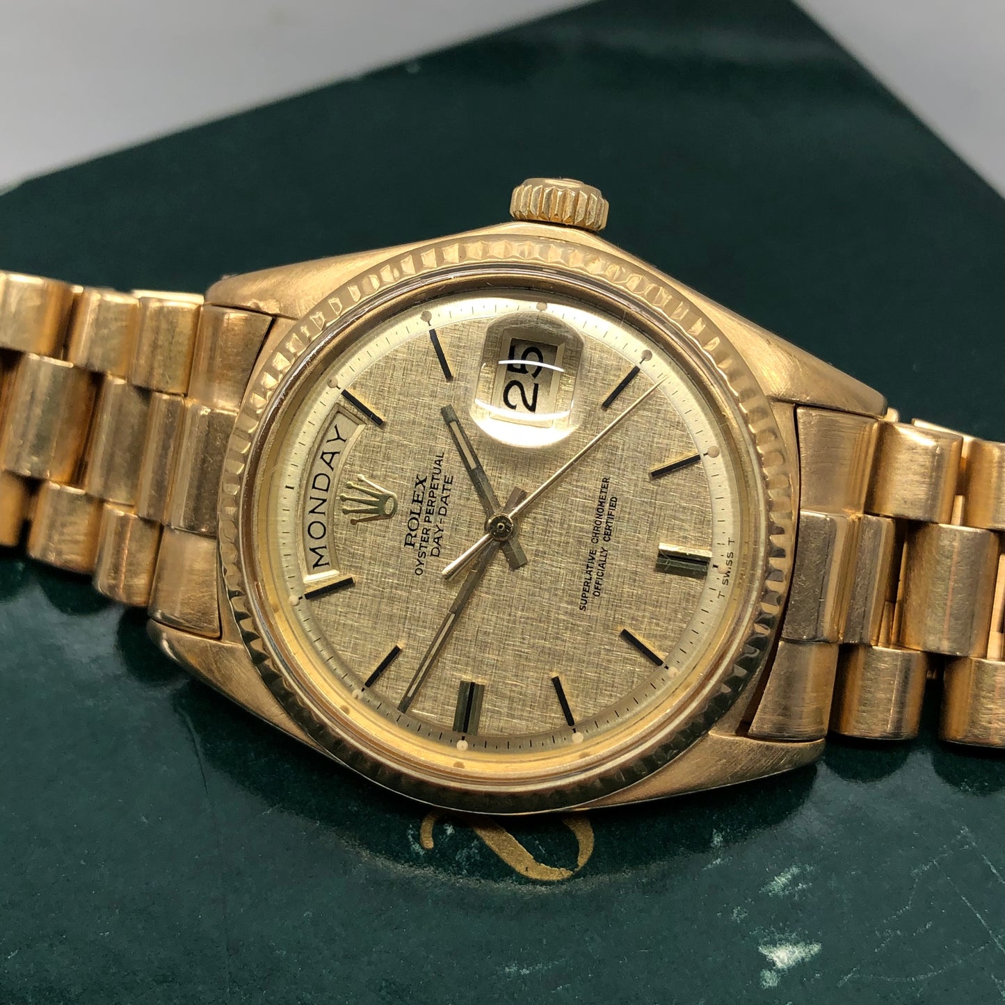 1972 Rolex President 1803 Day Date Yellow Gold Linen Champagne Wristwatch - HASHTAGWATCHCO