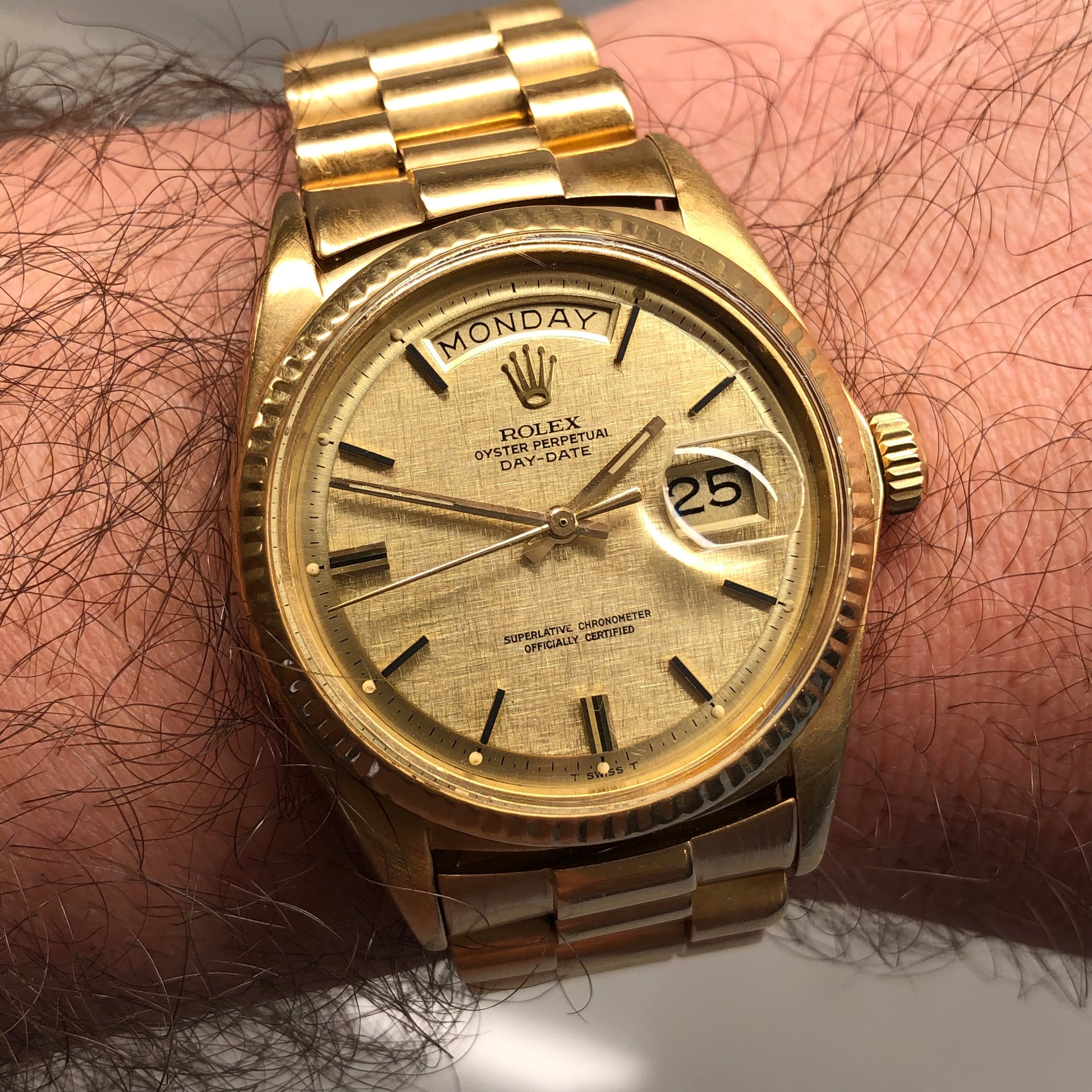 1972 Rolex President 1803 Day Date Yellow Gold Linen Champagne Wristwatch - HASHTAGWATCHCO