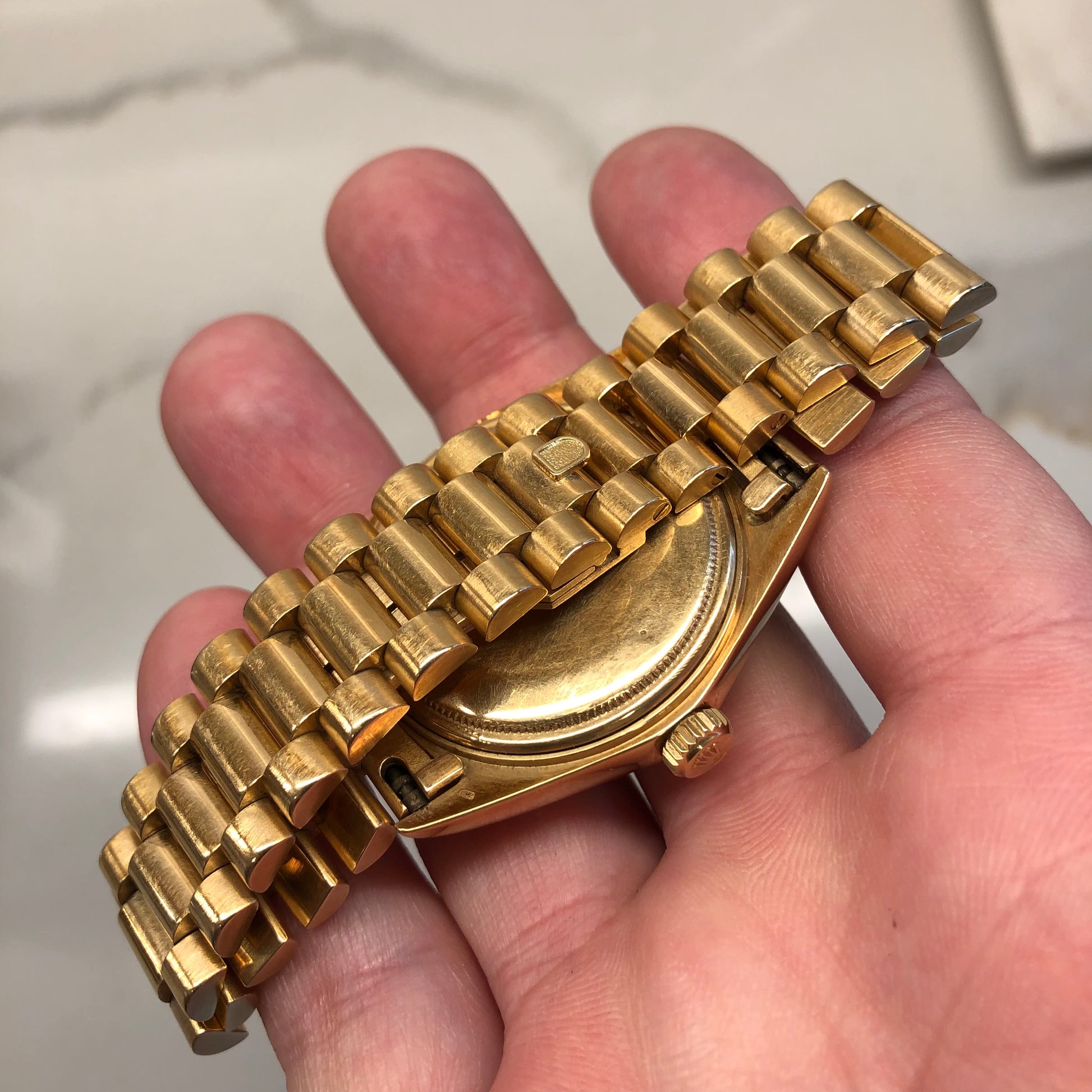 1972 Rolex President 1803 Day Date Yellow Gold Linen Champagne Wristwatch - HASHTAGWATCHCO
