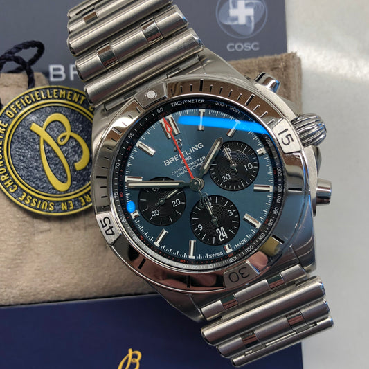 Breitling Chronomat B01 42 AB0134 Blue Stainless Steel Automatic Wristwatch with Box and Papers - HASHTAGWATCHCO