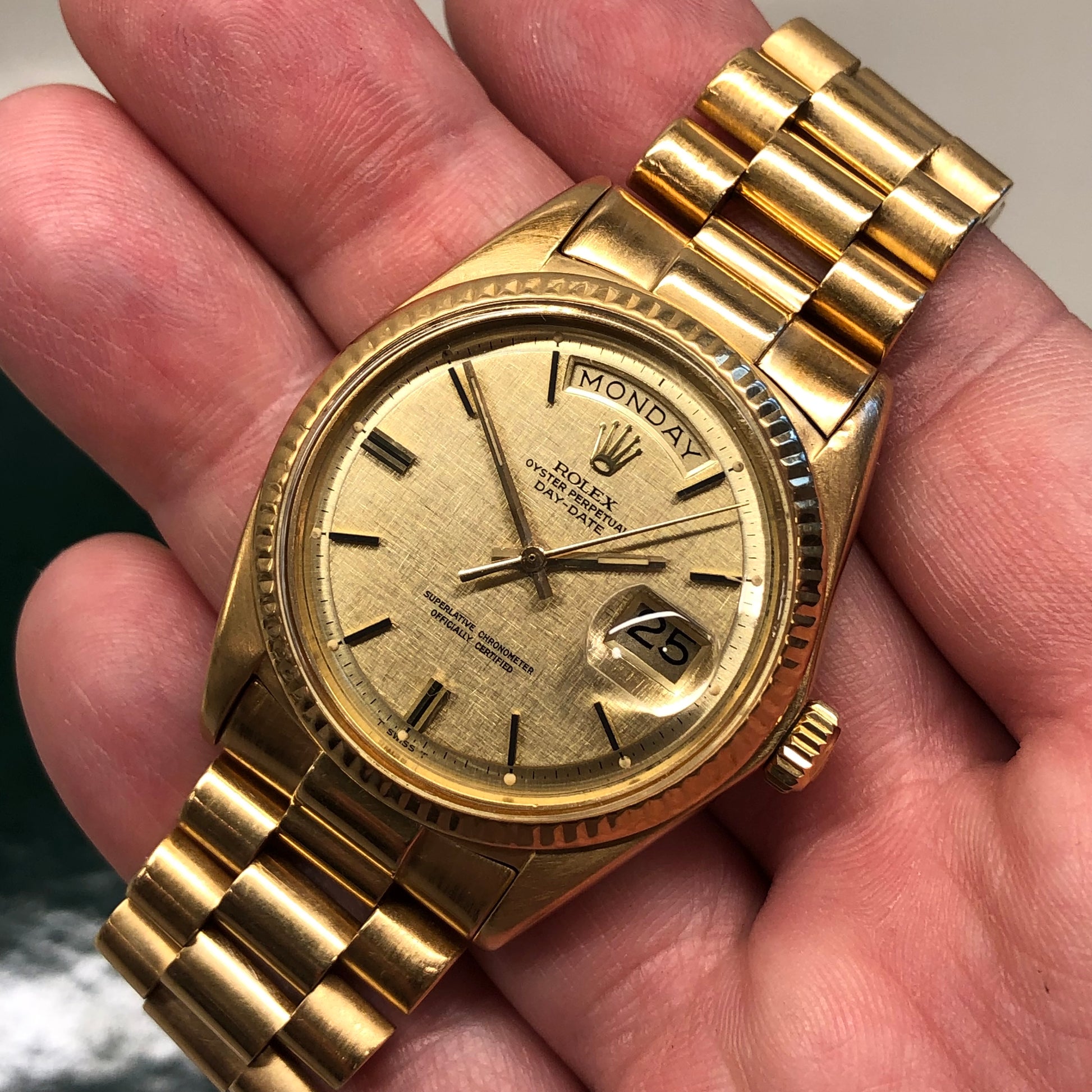 1972 Rolex President 1803 Day Date Yellow Gold Linen Champagne Wristwatch - HASHTAGWATCHCO