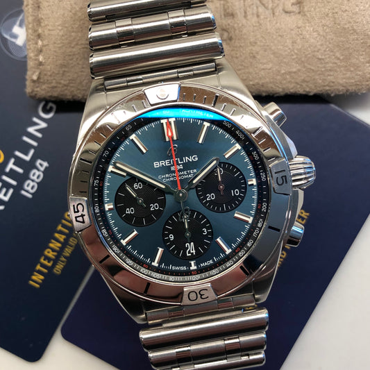 Breitling Chronomat B01 42 AB0134 Blue Stainless Steel Automatic Wristwatch with Box and Papers - HASHTAGWATCHCO