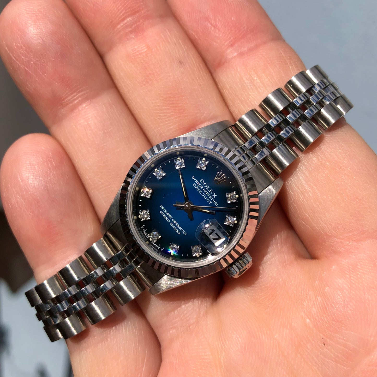 1994 Rolex Datejust 69174 Blue Vignette Serti Diamond Dial Factory Jubilee Steel Wristwatch with Box and Papers - HASHTAGWATCHCO