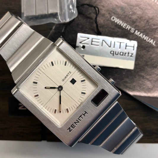 1970s Zenith Time Command 02.0014.441 Stainless Steel Quartz Wristwatch with Box and Owners Manual - HASHTAGWATCHCO