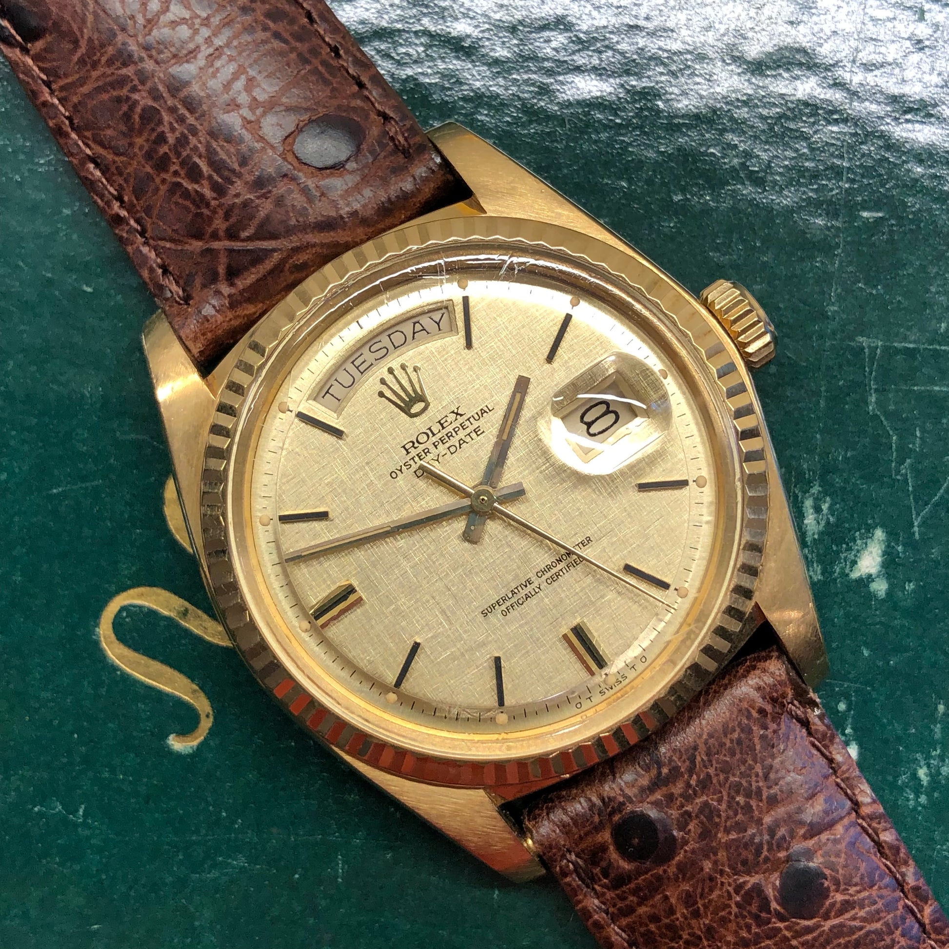 1973 Rolex President 1803 Day Date 18K Yellow Gold Sigma Champagne Linen Automatic Wristwatch - HASHTAGWATCHCO