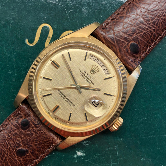 1973 Rolex President 1803 Day Date 18K Yellow Gold Sigma Champagne Linen Automatic Wristwatch