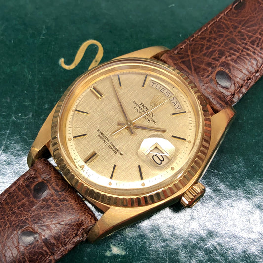 1973 Rolex President 1803 Day Date 18K Yellow Gold Sigma Champagne Linen Automatic Wristwatch