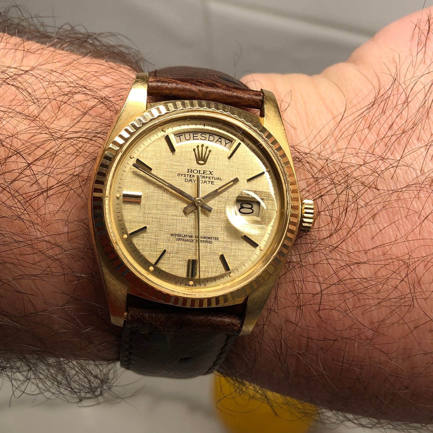 1973 Rolex President 1803 Day Date 18K Yellow Gold Sigma Champagne Linen Automatic Wristwatch - HASHTAGWATCHCO