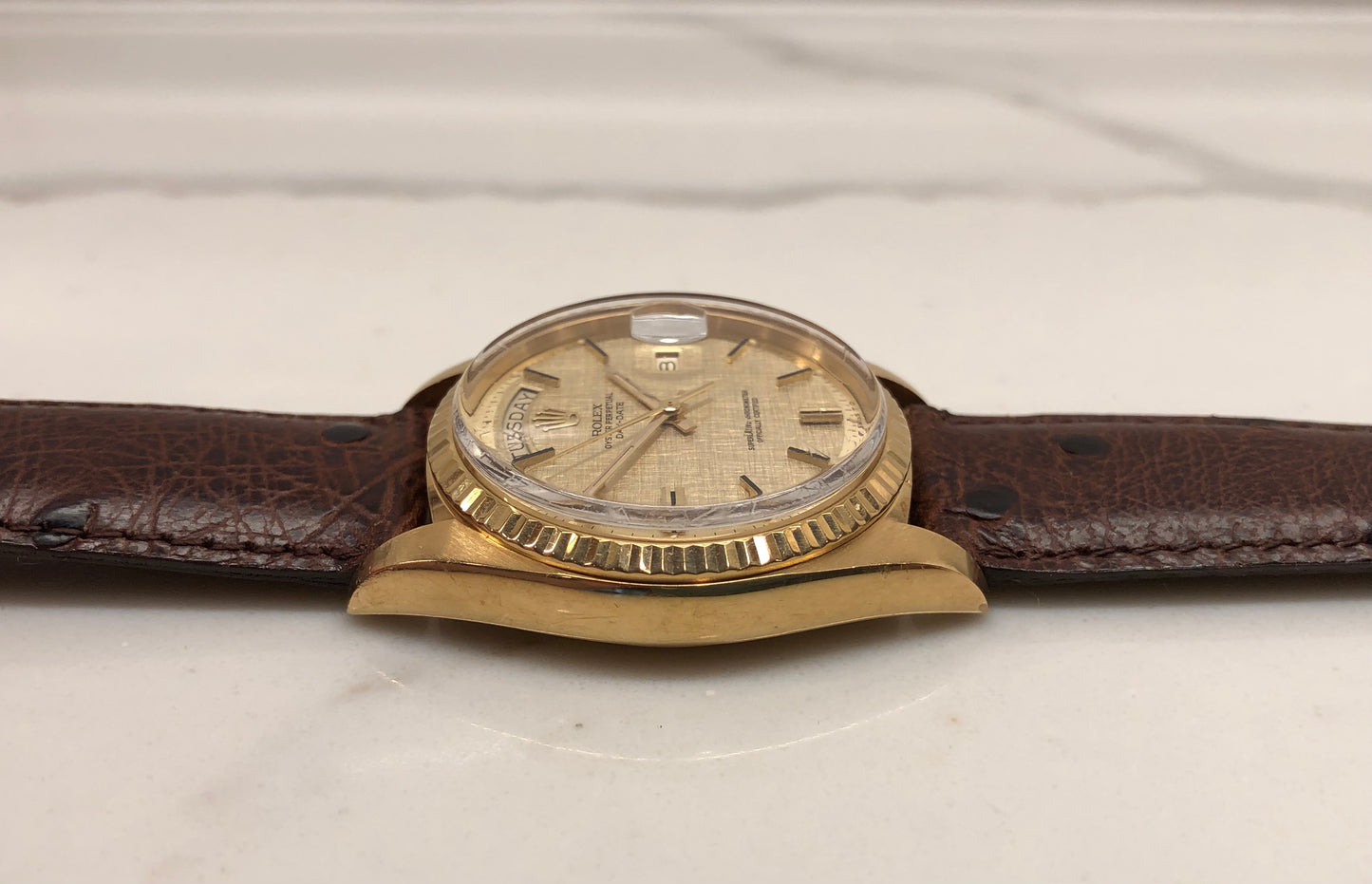1973 Rolex President 1803 Day Date 18K Yellow Gold Sigma Champagne Linen Automatic Wristwatch - HASHTAGWATCHCO