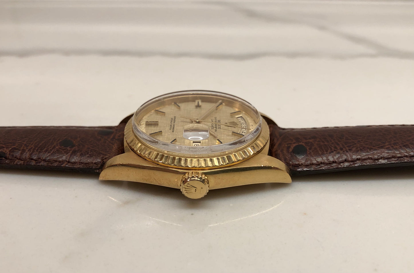 1973 Rolex President 1803 Day Date 18K Yellow Gold Sigma Champagne Linen Automatic Wristwatch - HASHTAGWATCHCO